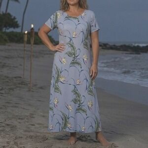 Hilo Hattie Tropical Maxi Dress L Hawaii Made Palm Leaf Floral Bird of Paradise